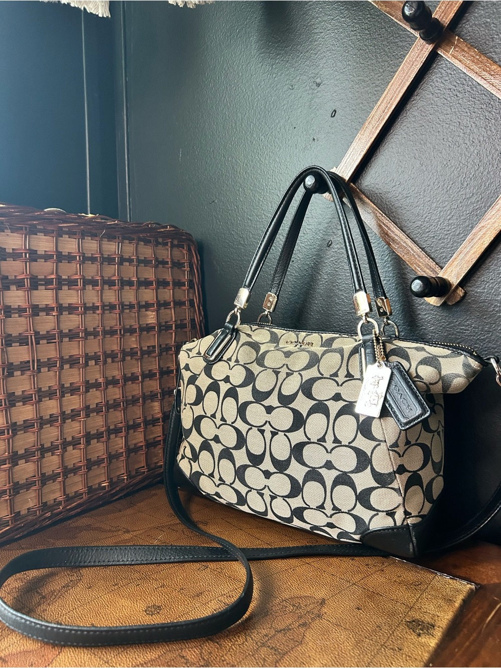 Coach Kelsey Black and Tan Signature Shoulder Bag Satchel
